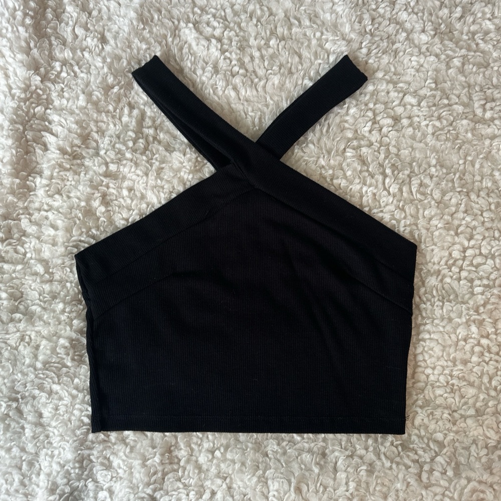 Black crop top with cross over detail